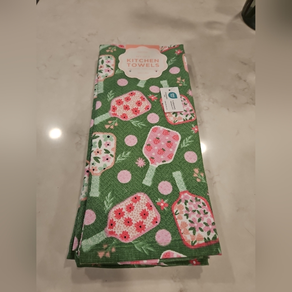 ENVOGUE KITCHEN TOWELS (3) PICKLEBALL GREEN PINK 100% COTTON NWT